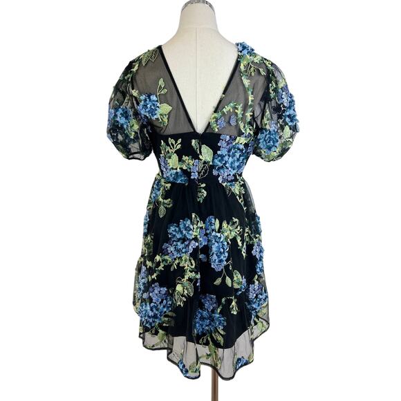 Dress the Population Liliana Puff-Sleeve 3D Floral Dress Mini Black - Picture 8 of 9